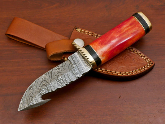Custom Handmade Damascus Gut Hook Hunting Knife with Stained Bone and Pakka Wood Handle