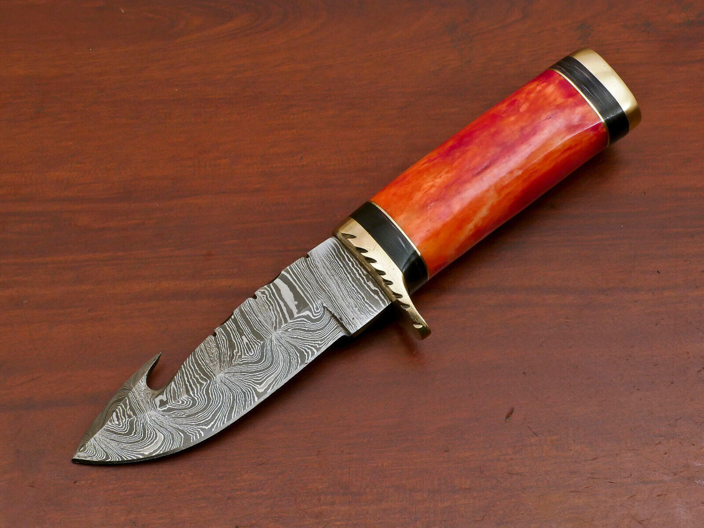 Custom Handmade Damascus Gut Hook Hunting Knife with Stained Bone and Pakka Wood Handle