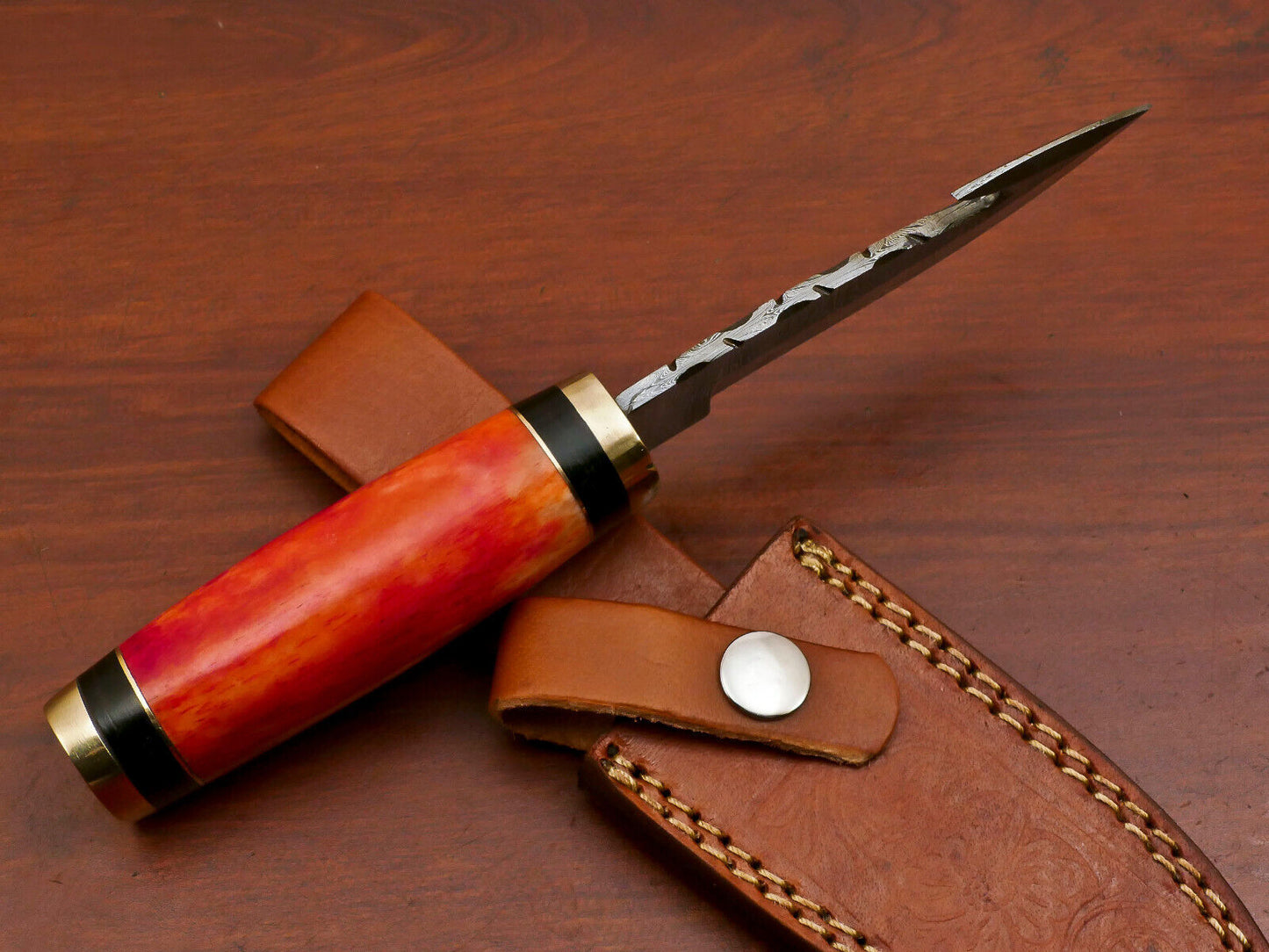 Custom Handmade Damascus Gut Hook Hunting Knife with Stained Bone and Pakka Wood Handle