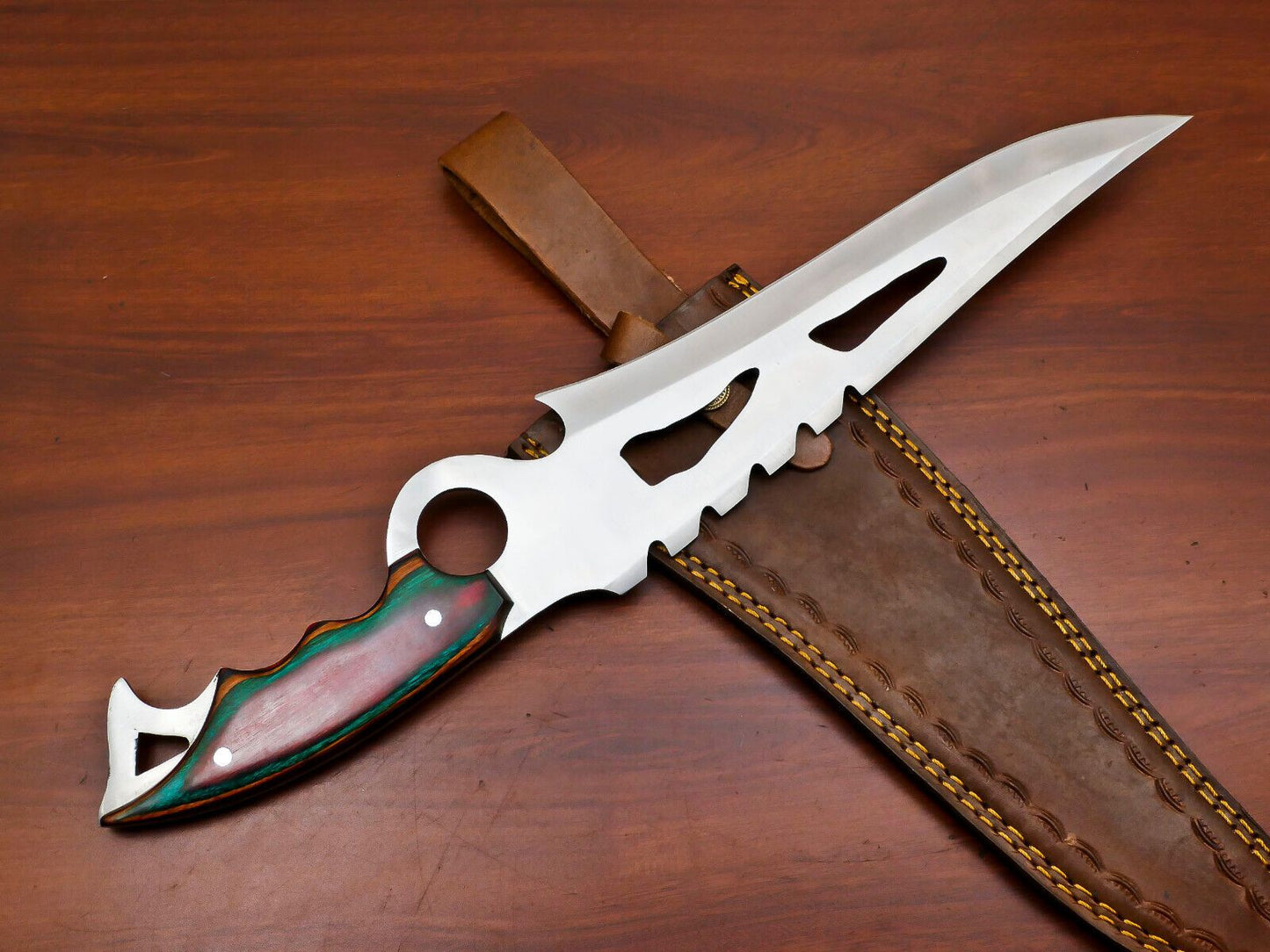 16" Handmade D2 Steel Full Tang Bowie Hunting Knife with Pakka Wood Handle & Leather Sheath