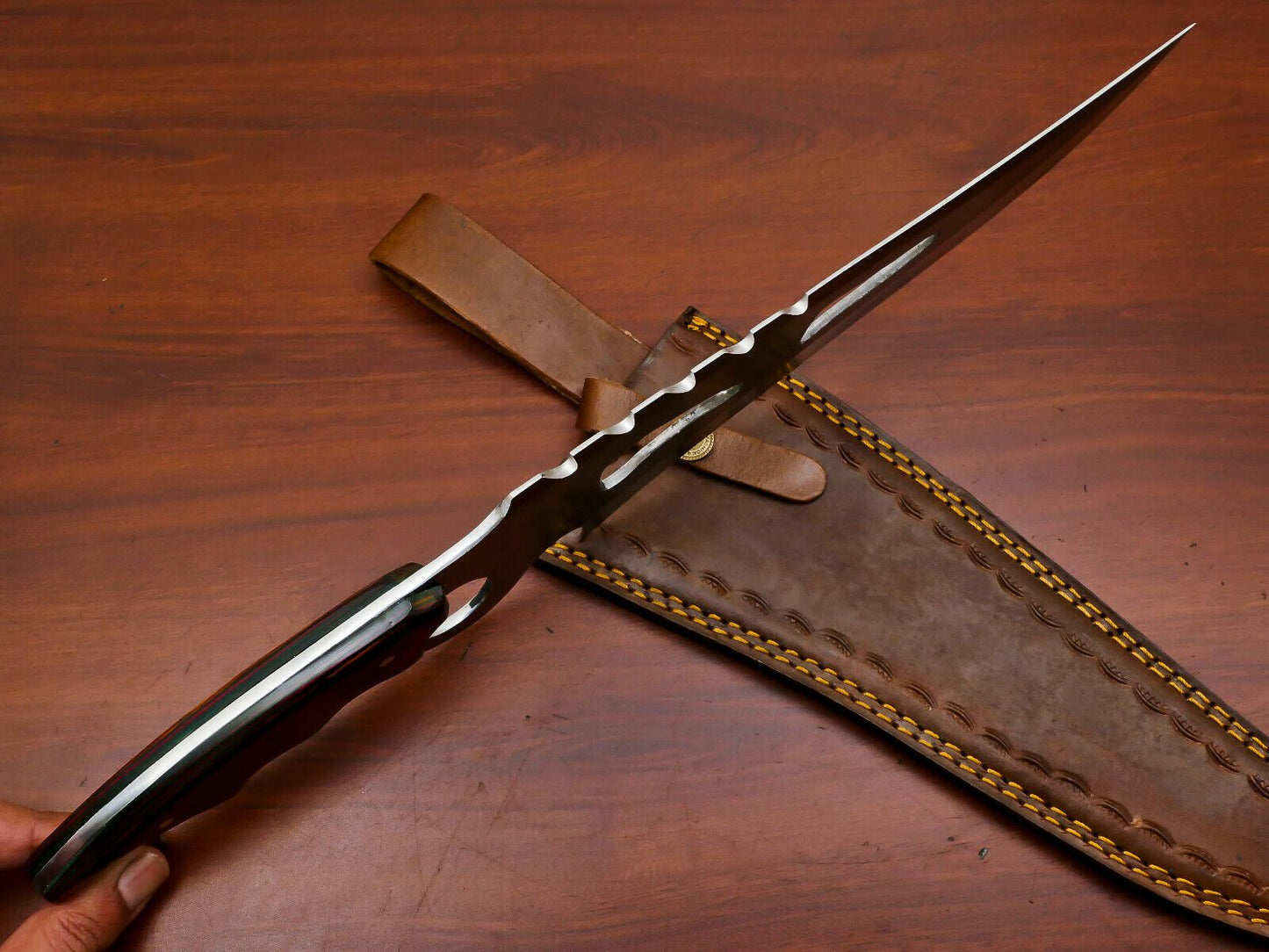 16" Handmade D2 Steel Full Tang Bowie Hunting Knife with Pakka Wood Handle & Leather Sheath