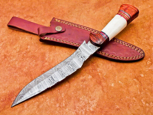 Damascus Bowie Knife with Camel Bone & Hardwood Handle