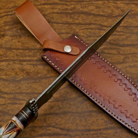 Heritage Forge Custom Handmade Damascus Steel Bowie Hunting Knife Bone Wood Handle