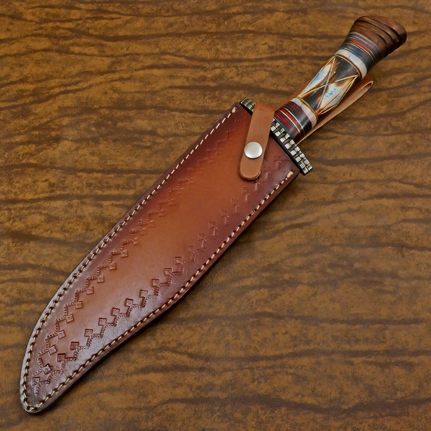 Heritage Forge Custom Handmade Damascus Steel Bowie Hunting Knife Bone Wood Handle