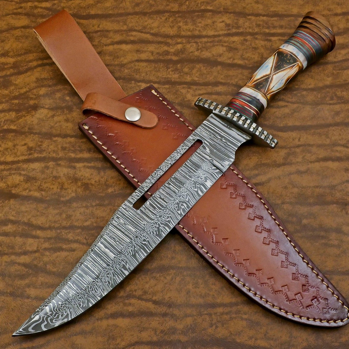 Heritage Forge Custom Handmade Damascus Steel Bowie Hunting Knife Bone Wood Handle