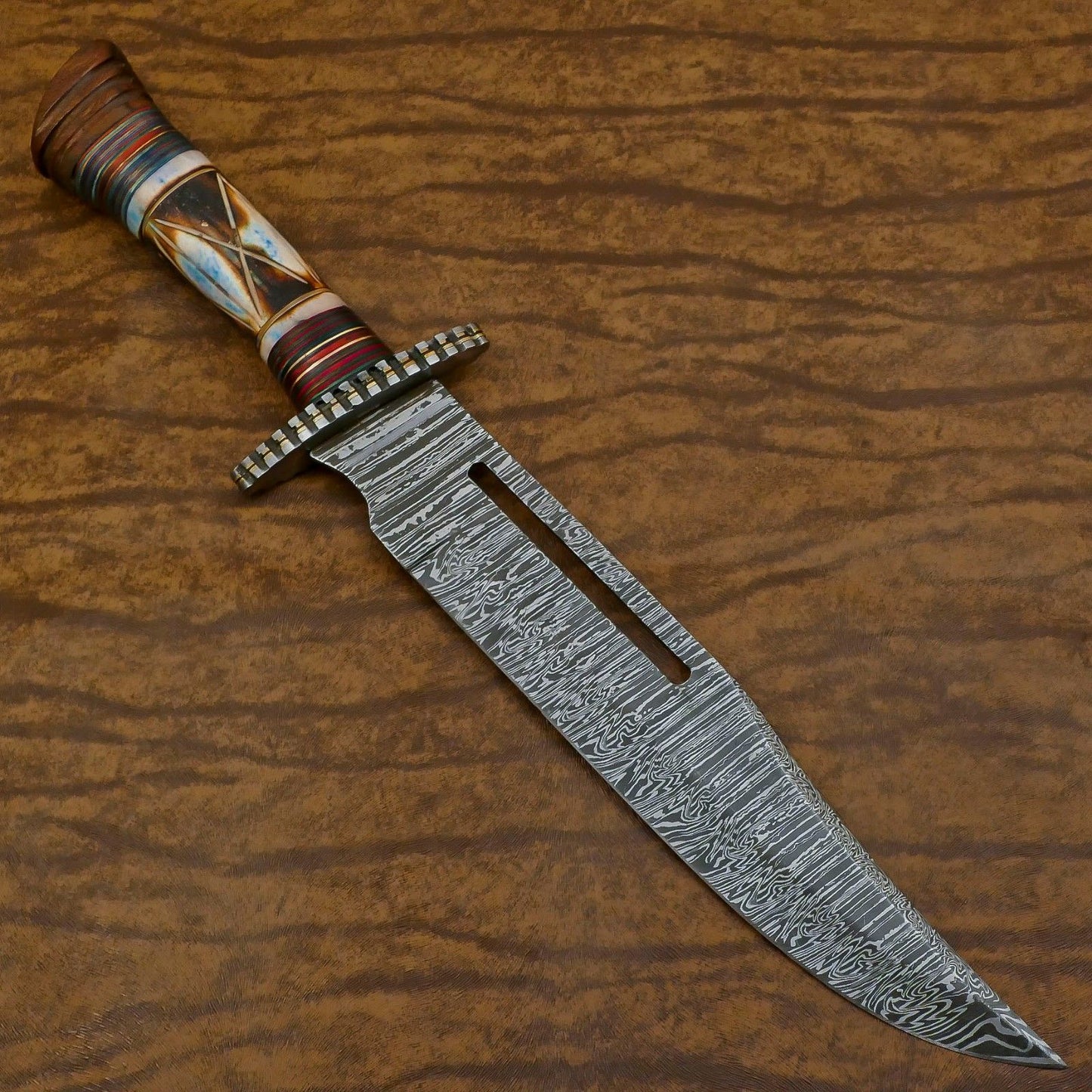 Heritage Forge Custom Handmade Damascus Steel Bowie Hunting Knife Bone Wood Handle