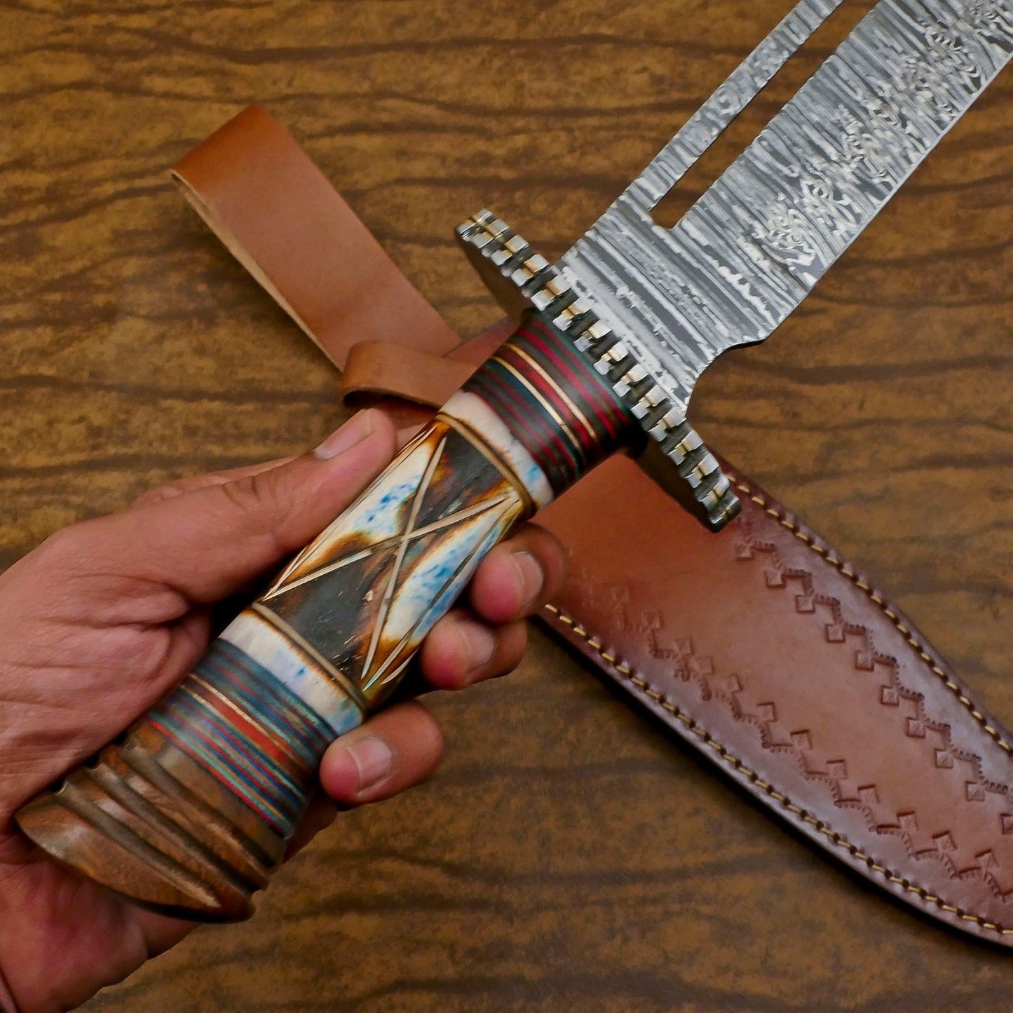 Heritage Forge Custom Handmade Damascus Steel Bowie Hunting Knife Bone Wood Handle