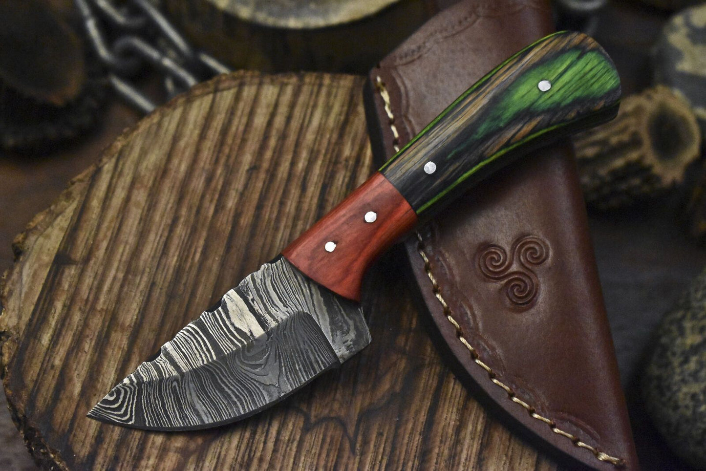 Twist Damascus Skinner Knife with Hardwood Handle and Wooden Bolster EDC Blade