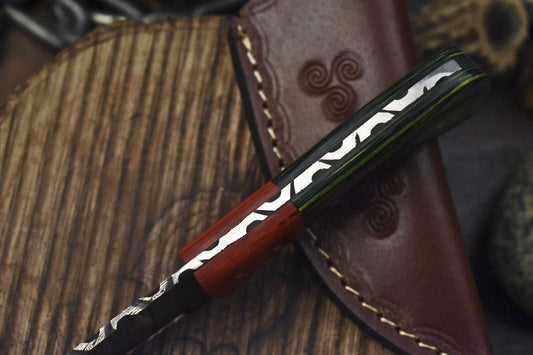 Twist Damascus Skinner Knife with Hardwood Handle and Wooden Bolster EDC Blade