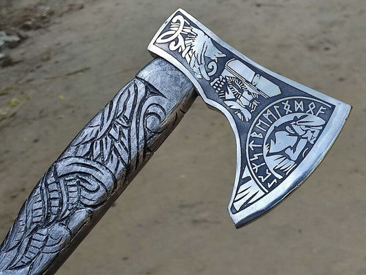 Handmade Etched Carbon Steel Viking Throwing Axe with Ashwood Carved Paracord Handle and Leather Sheath