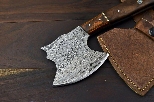 Rare Handmade Damascus Steel Walnut Wood Hunting Clever Chopper Axe Knife with Leather Sheath