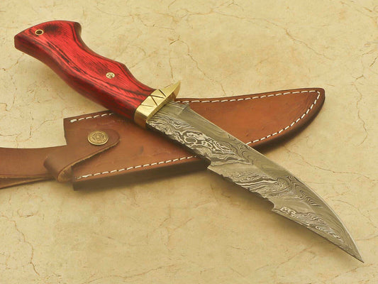 12.5" Damascus Steel Knife Damascus Bowie Knife With Rosewood & Pakka Wood Handle