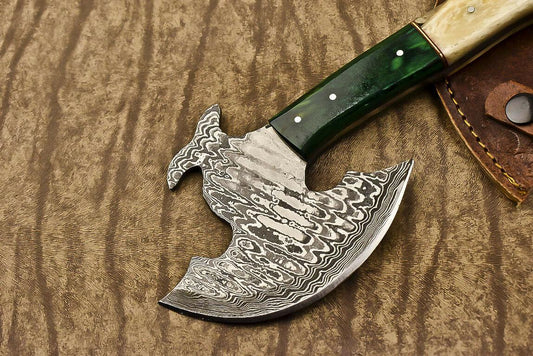 Handmade Damascus Steel Hunting Axe Knife Camel Bone Handle Clever Chopper with Leather Sheath