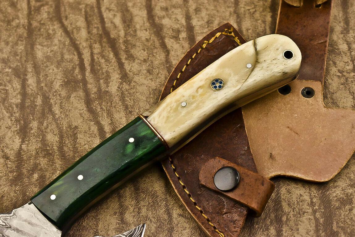 Handmade Damascus Steel Hunting Axe Knife Camel Bone Handle Clever Chopper with Leather Sheath