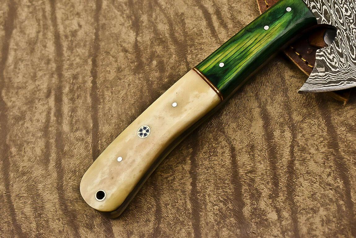 Handmade Damascus Steel Hunting Axe Knife Camel Bone Handle Clever Chopper with Leather Sheath