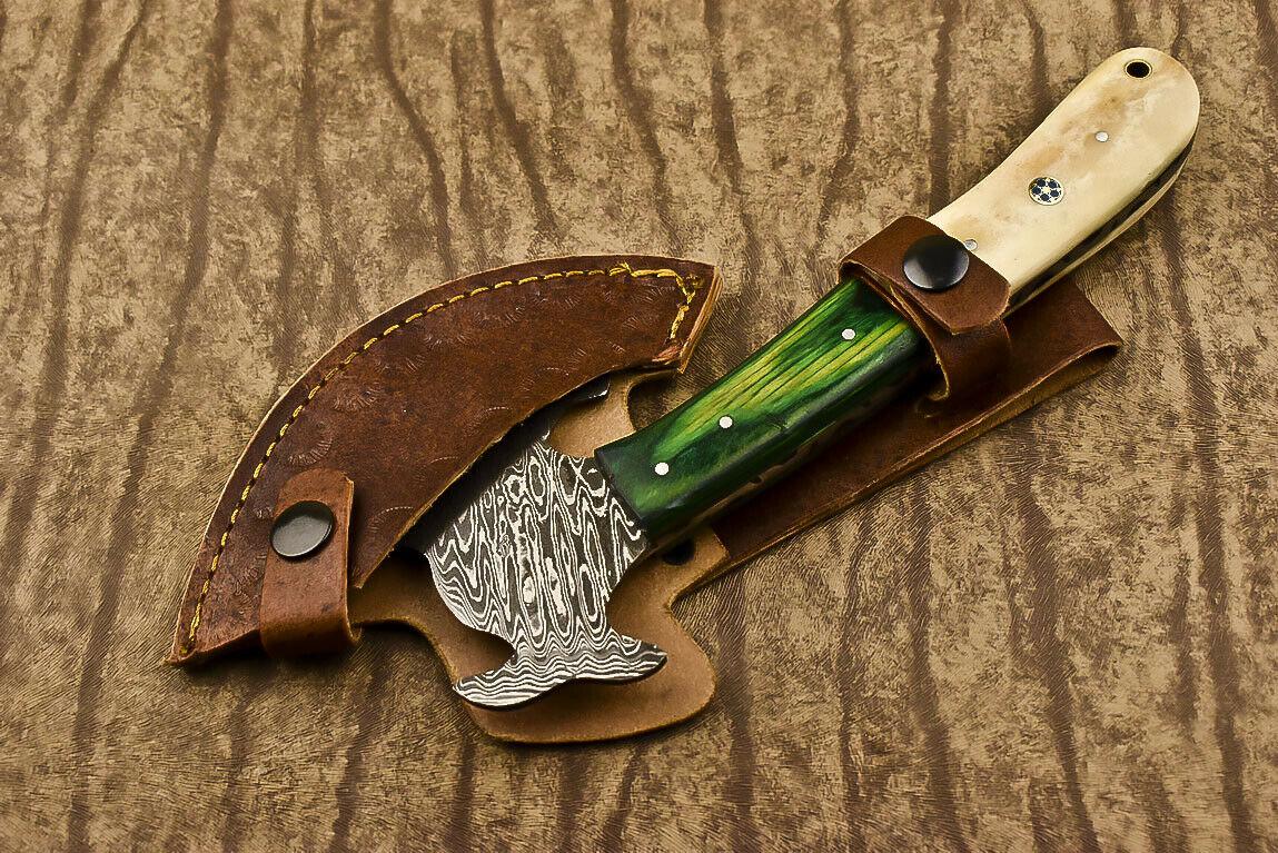Handmade Damascus Steel Hunting Axe Knife Camel Bone Handle Clever Chopper with Leather Sheath
