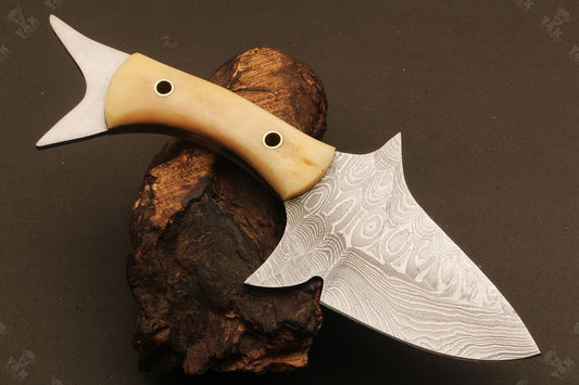 8" Hand Forged Rain Drop Damascus Steel Bowie Knife | Camel Bone Handle