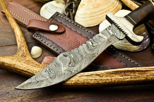12.5" Damascus Hunting Bowie Knife – Walnut Wood Handle