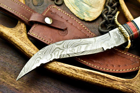 13.5" Damascus Bowie Hunting Knife – Camel Bone Handle with Leather Sheath