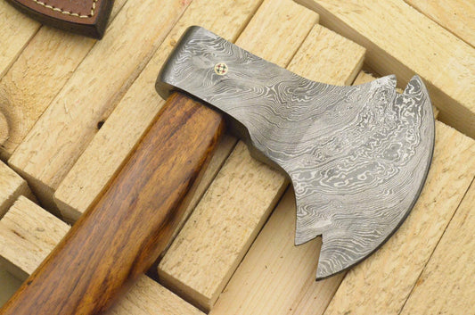 Hand Forged Damascus Tomahawk Axe with Natural Wood Handle and Leather Sheath