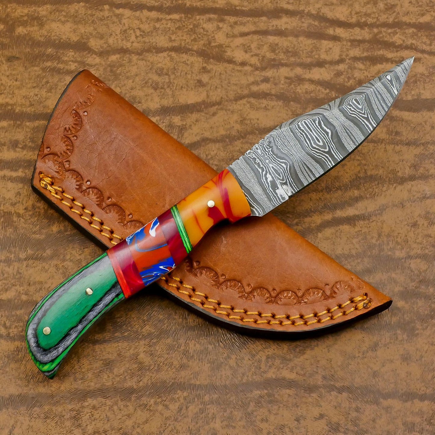 Heritage Forge Handmade Damascus Skinner Hunting Knife with Resin and Wood Handle – Custom Fixed Blade Knife