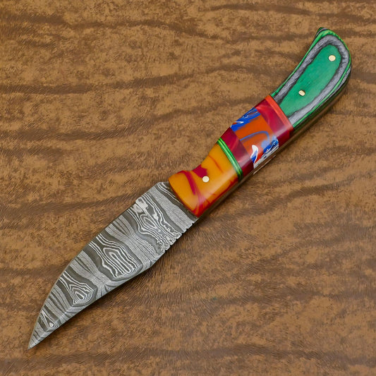 Heritage Forge Handmade Damascus Skinner Hunting Knife with Resin and Wood Handle – Custom Fixed Blade Knife
