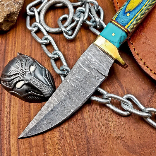 9" Damascus Steel Hunting Knife with Hardwood Handle & Leather Sheath