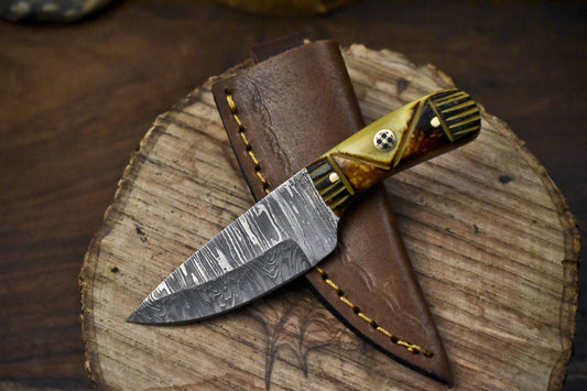 5.0 Inch Twist Damascus Skinner Knife Bone Handle Compact Hunting Blade