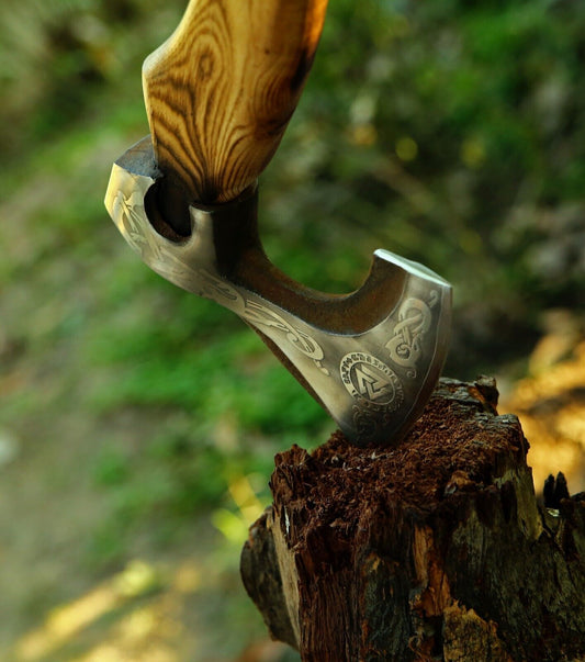 Handmade Replica Viking Axe Forged High Carbon Steel Tomahawk Hatchet with Leather Wrapped Handle and Case