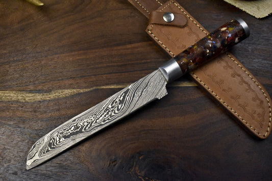 Forged Hunting Skinner Knife Twist Damascus Steel Blade with Micarta Handle and Steel Bolster – Outdoor Sports Knife
