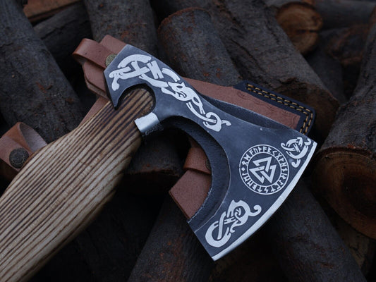 Hand Forged 18 Inch Viking Axe Carbon Steel Blade with Ash Wood Handle and Leather Sheath