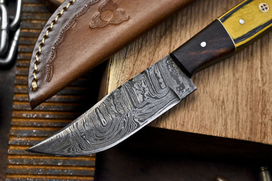 Custom Skinner Knife Twist Damascus Hard Wood Wooden Bolster Decorative w/ Leather Sheath