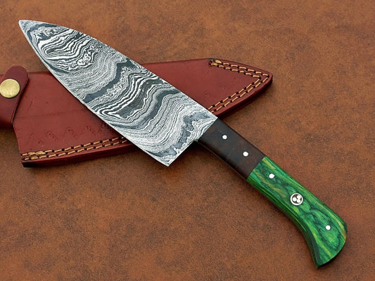 Custom Handmade Damascus Steel Chef Knife – BBQ Special Multi-Use Knife – 11” with Wood Handle & Leather Sheath