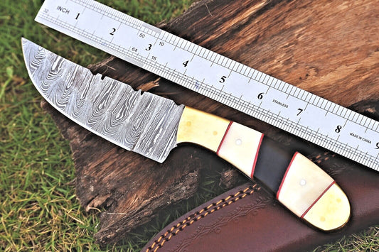 Custom Damascus Hunting Survival Knife Twist Pattern with Camel Bone Handle and Brass Bolster