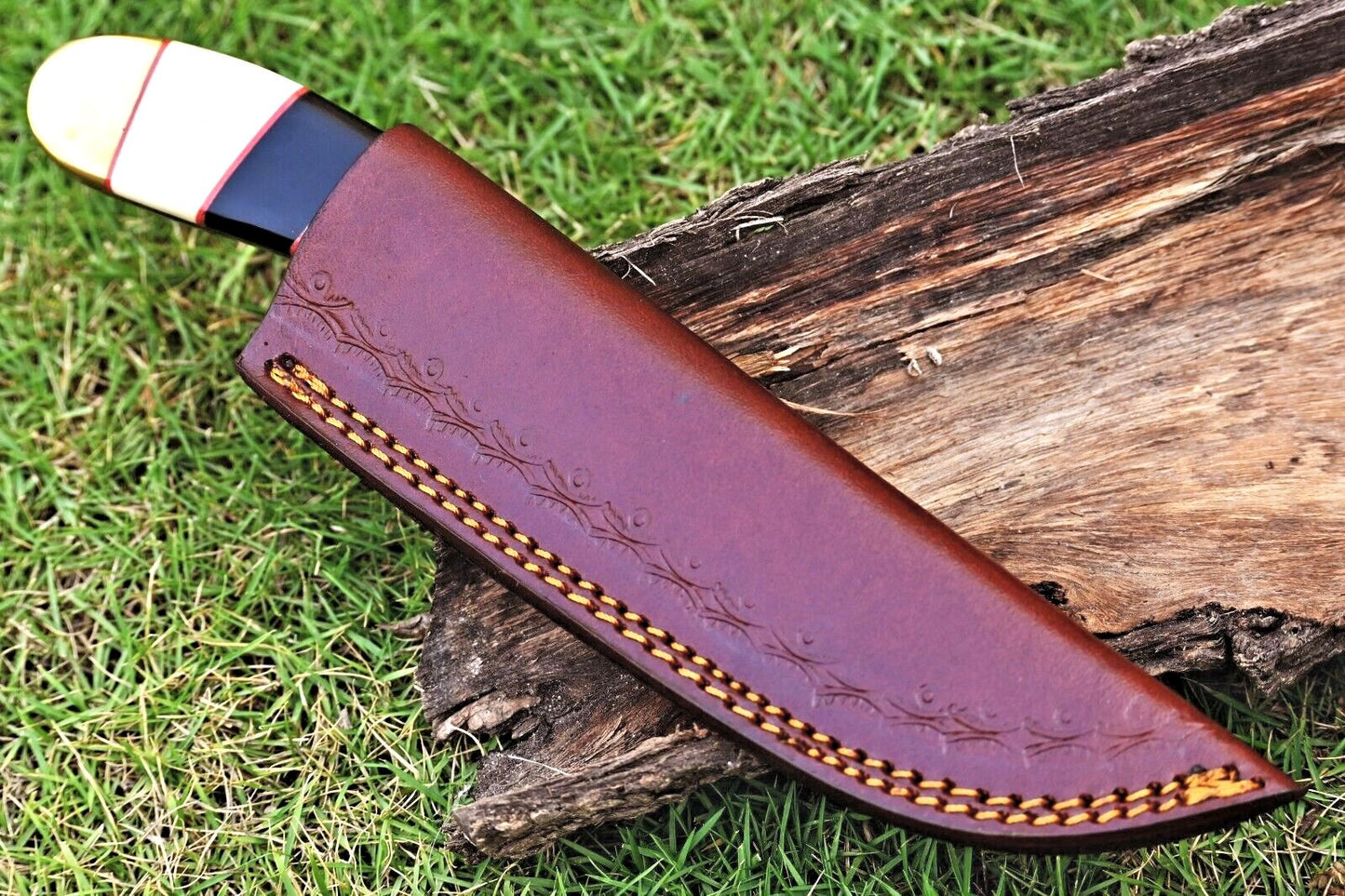Custom Damascus Hunting Survival Knife Twist Pattern with Camel Bone Handle and Brass Bolster