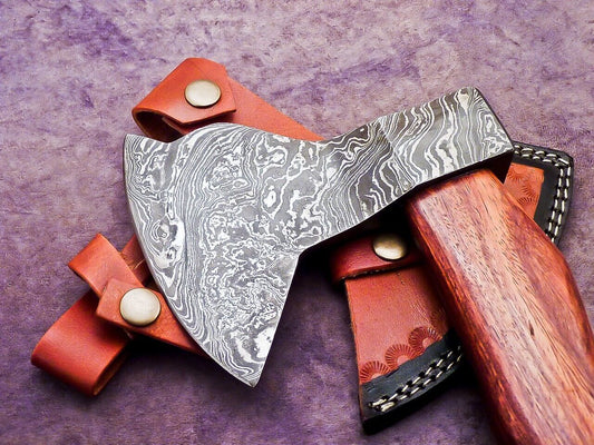 Handmade Damascus Steel Axe Unique Limited Edition with Natural Wood Handle and Leather Sheath