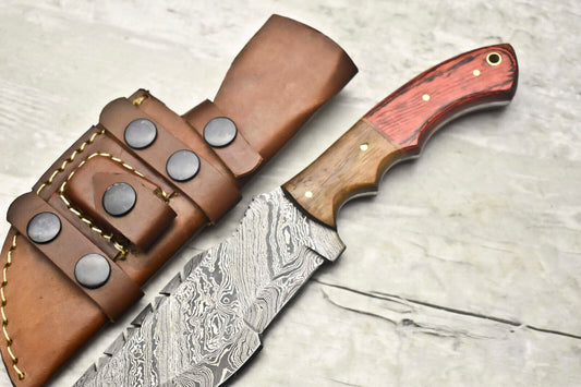 10" Handmade Damascus Steel Tracker Knife | Full Tang Camel Bone Handle with Leather Sheath