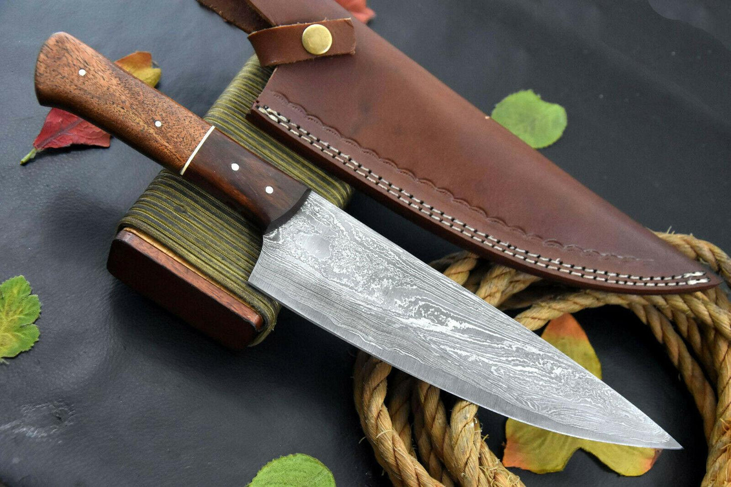 Custom Handmade Damascus Steel Chef Knife | 14.1" Overall, 8.8" Blade, Walnut Handle, Full Tang