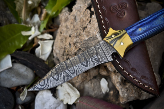 8.0" Twist Damascus Skinner Knife Hardwood Handle EDC Hunting Knife