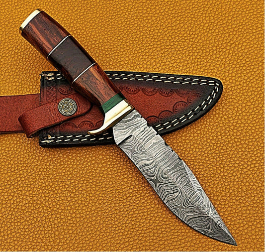 The Rosewood Huntsman: 10" Hand-Forged Damascus Bowie with Brass Guard