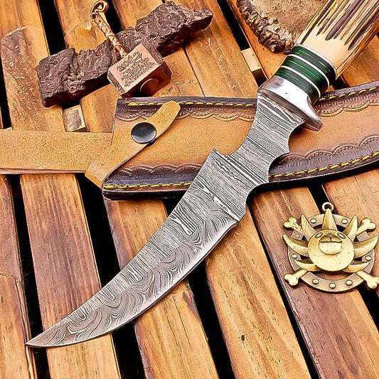 13 Inch Stag Horn Handle Damascus Bowie Knife with Leather Sheath