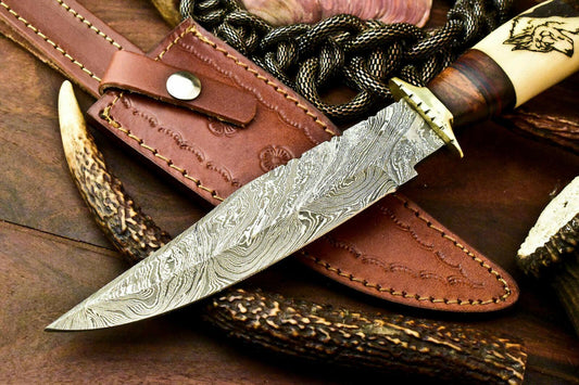 12" Hand Forged Damascus Bowie Knife | Camel Bone Laser Etched