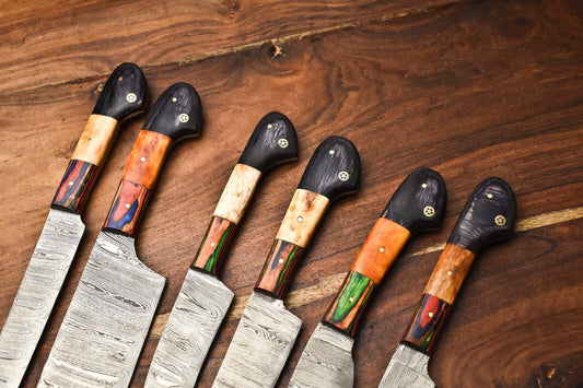 Lot Of 6 Handmade Damascus Steel Blade Chef Set Knife