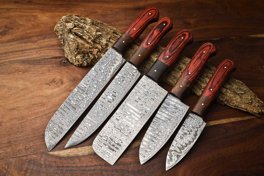 Custom Lot Of 5 Handmade Hammered Damascus Steel Blade Chef Set Knife