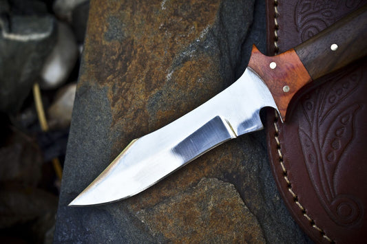 8" Custom Skinner Knife – AUS-8 Steel Blade, Walnut Wood Handle, Wooden Bolster, Leather Sheath Hiking Knife