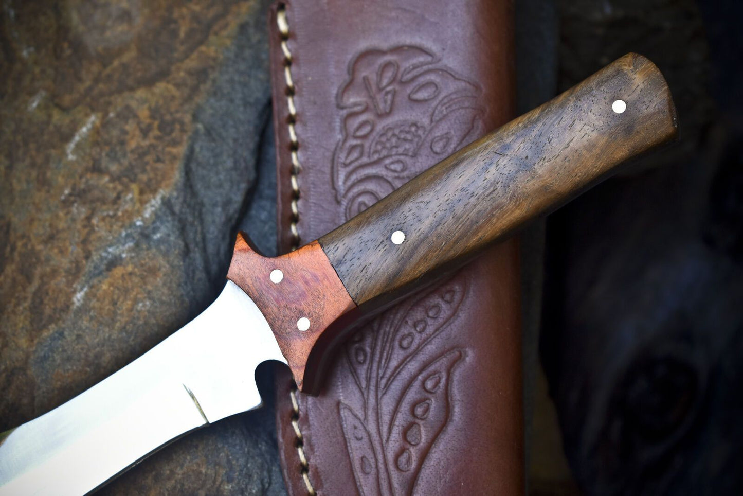 8" Custom Skinner Knife – AUS-8 Steel Blade, Walnut Wood Handle, Wooden Bolster, Leather Sheath Hiking Knife