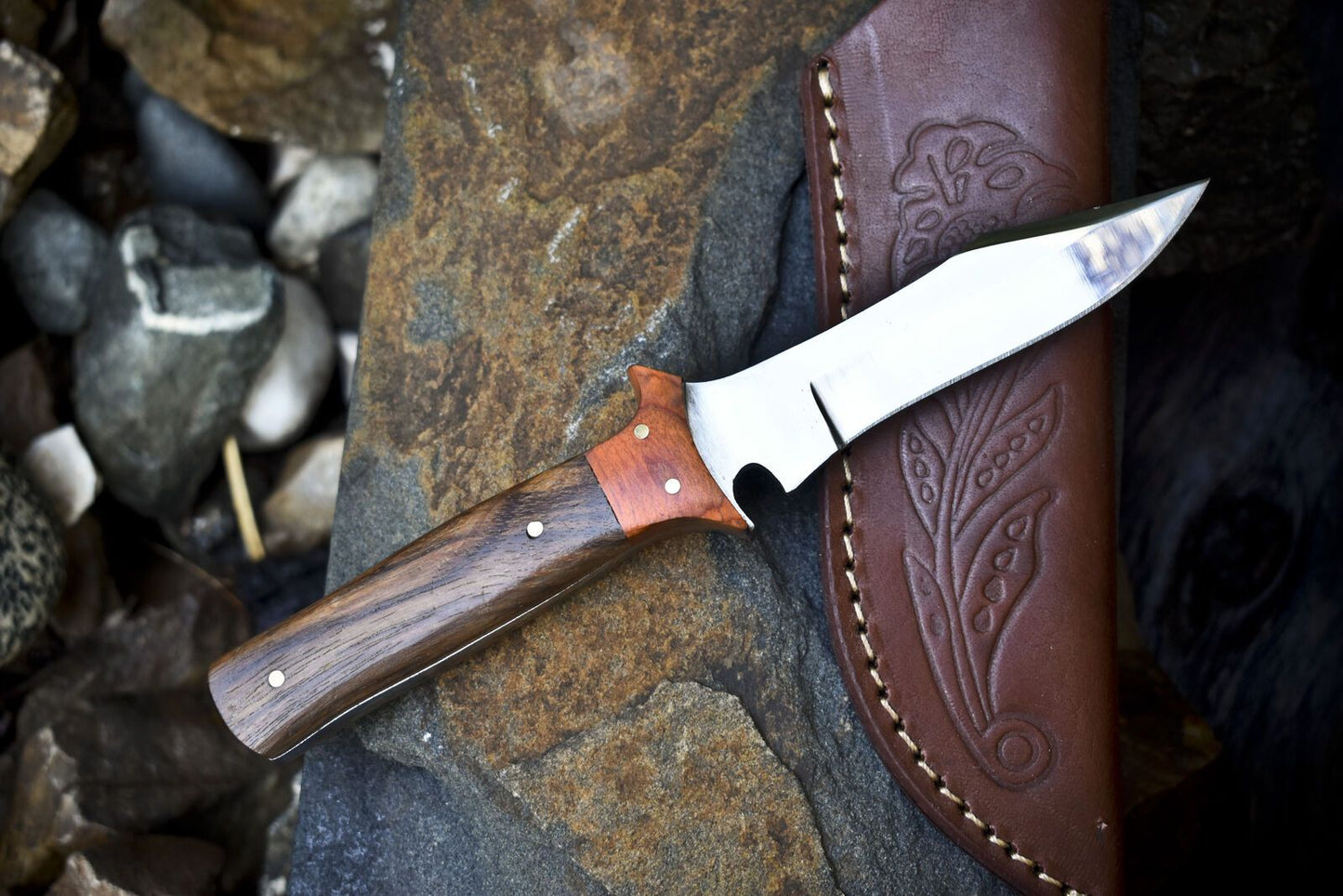 8" Custom Skinner Knife – AUS-8 Steel Blade, Walnut Wood Handle, Wooden Bolster, Leather Sheath Hiking Knife