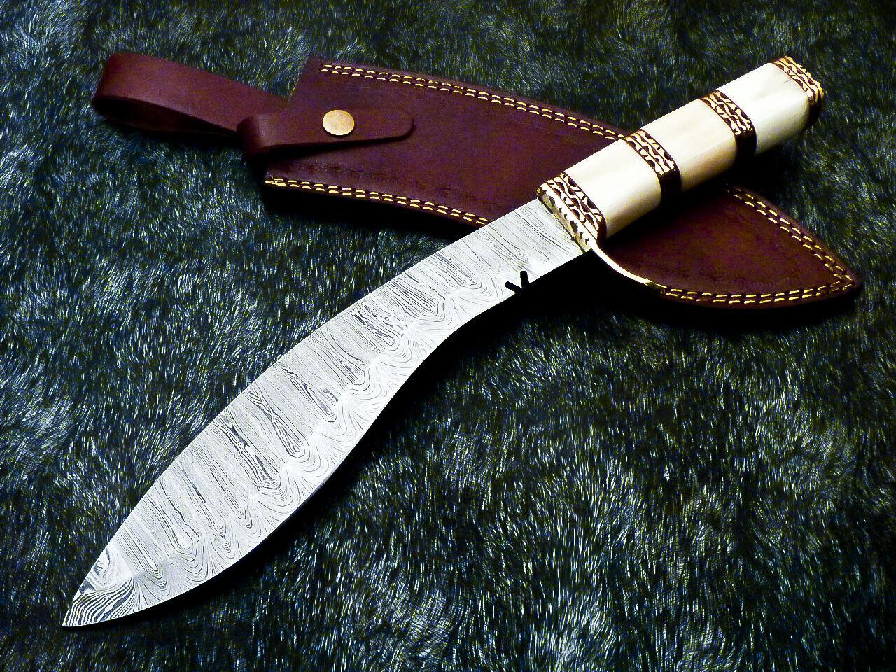 15" Handmade Twist Damascus Steel Bowie & Kukri Hunting Knife – Camel Bone Handle