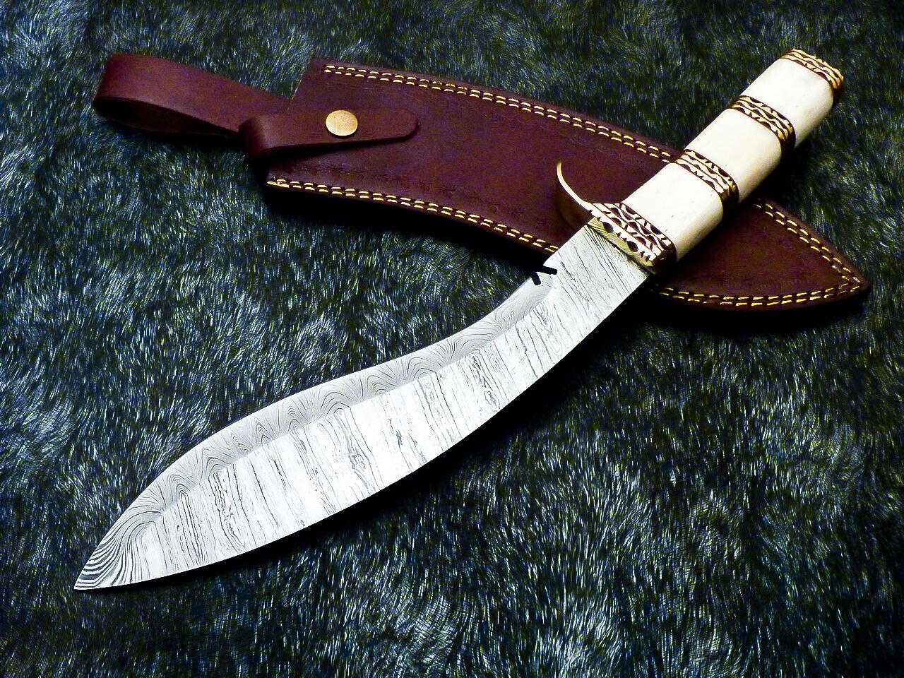15" Handmade Twist Damascus Steel Bowie & Kukri Hunting Knife – Camel Bone Handle