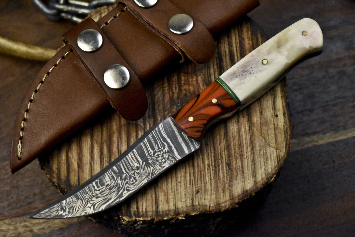 Handmade Damascus Skinner Knife with Twist Pattern Blade, Bone Handle, and Micarta Bolster – Outdoor Fixed Blade Hunting Knife